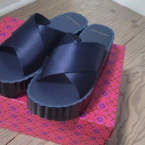 NIB! Tory Burch Scallop Wedge Flip Flop Satin size 10 Perfect Navy NWT